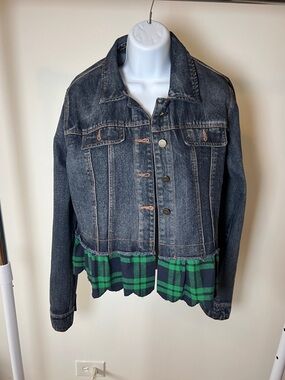Dark Wash Denim Jacket with Green Plaid Ruffle Hem